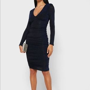 💙Bardot Side Ruched Glitter Navy Blue Dress NWOT